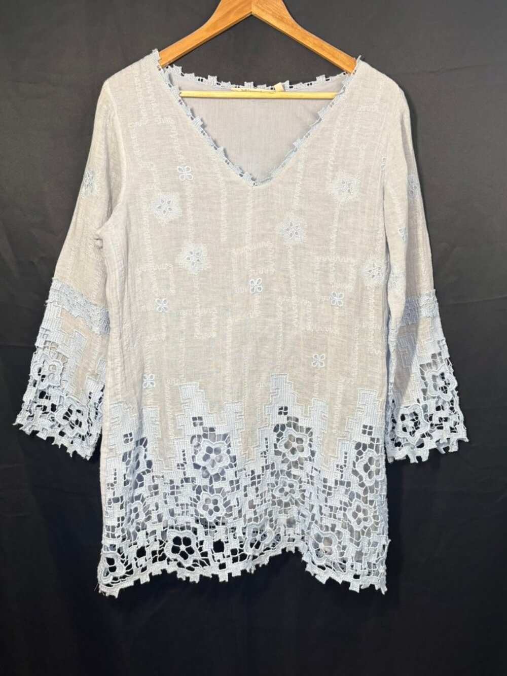 Soft Surroundings Linen Cotton Lace Tunic, Lt Blue,Embroidered Boho Top, Size M